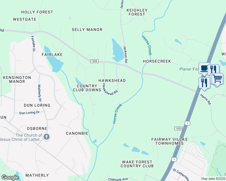 map of restaurants, bars, coffee shops, grocery stores, and more near 8040 Hawkshead Road in Wake Forest