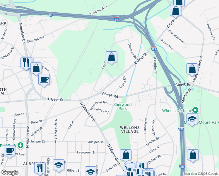 map of restaurants, bars, coffee shops, grocery stores, and more near 1104 East Geer Street in Durham