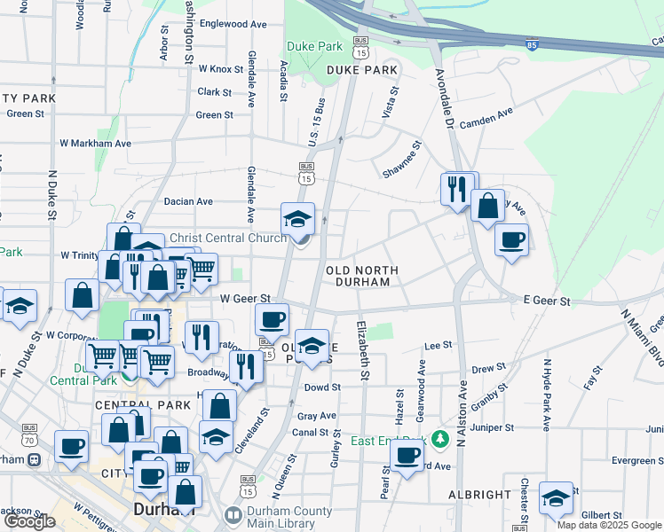 map of restaurants, bars, coffee shops, grocery stores, and more near 1216 North Roxboro Street in Durham