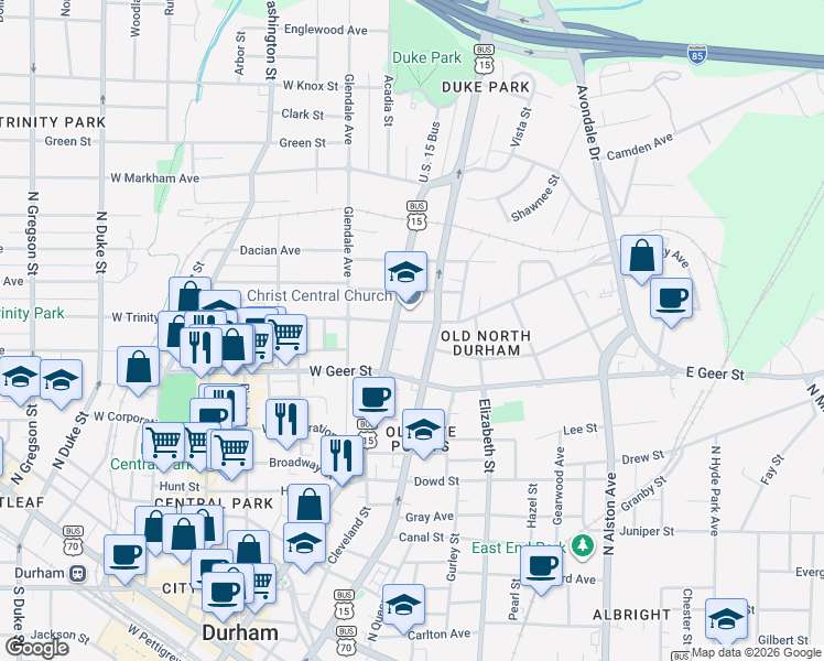 map of restaurants, bars, coffee shops, grocery stores, and more near 910 North Mangum Street in Durham