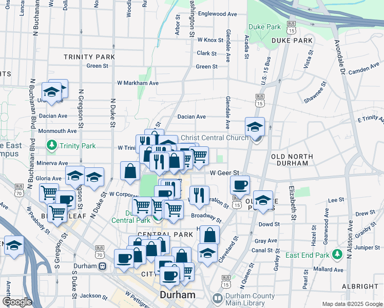 map of restaurants, bars, coffee shops, grocery stores, and more near 1001 North Street in Durham