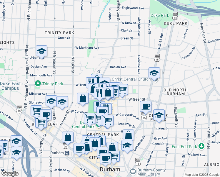 map of restaurants, bars, coffee shops, grocery stores, and more near 310 West Geer Street in Durham