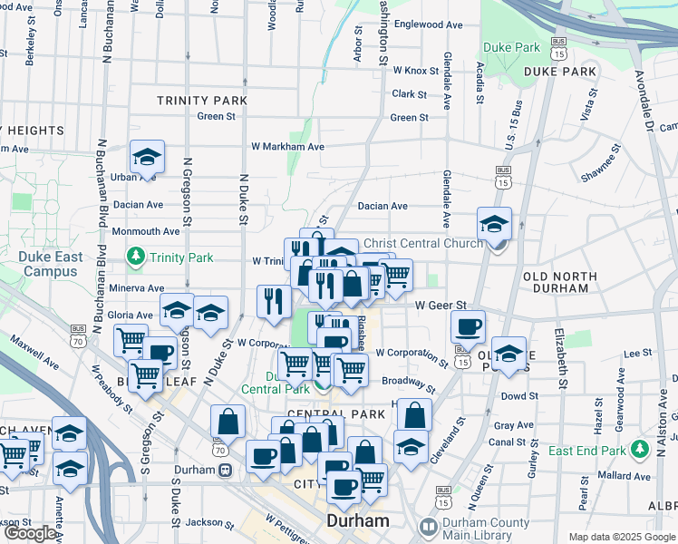 map of restaurants, bars, coffee shops, grocery stores, and more near 721 Foster Street in Durham