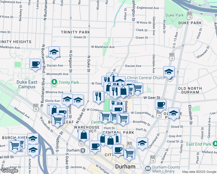 map of restaurants, bars, coffee shops, grocery stores, and more near 711 Washington Street in Durham