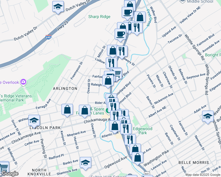 map of restaurants, bars, coffee shops, grocery stores, and more near 1517 Emoriland Boulevard in Knoxville