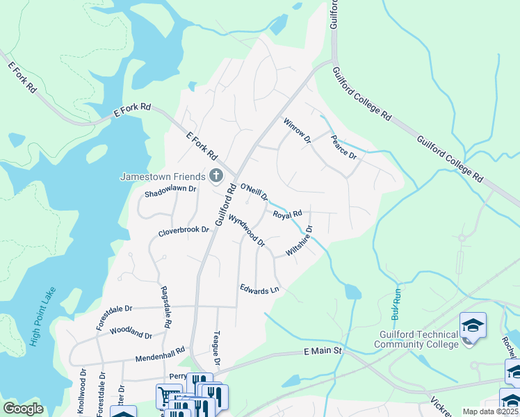 map of restaurants, bars, coffee shops, grocery stores, and more near 300 O'Neill Drive in Jamestown