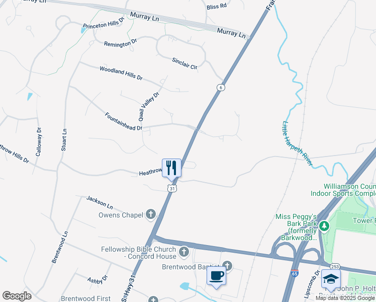 map of restaurants, bars, coffee shops, grocery stores, and more near U.S. 31 in Brentwood