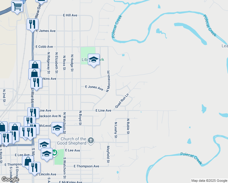 map of restaurants, bars, coffee shops, grocery stores, and more near 518 North Dawn Lane in Sapulpa