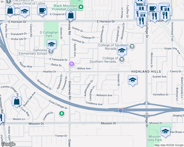 map of restaurants, bars, coffee shops, grocery stores, and more near 507 Calypso Drive in Henderson