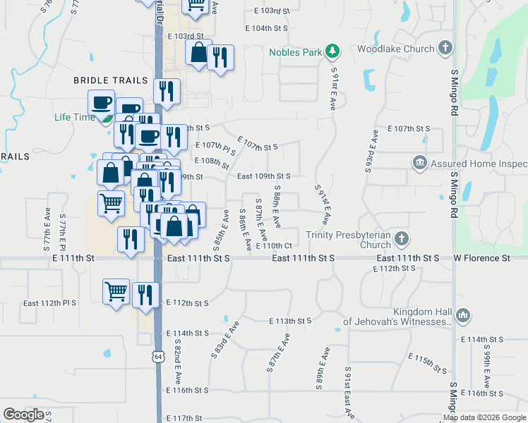 map of restaurants, bars, coffee shops, grocery stores, and more near 11009 South 87th East Avenue South in Tulsa