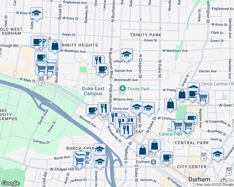 map of restaurants, bars, coffee shops, grocery stores, and more near 407 Watts Street in Durham