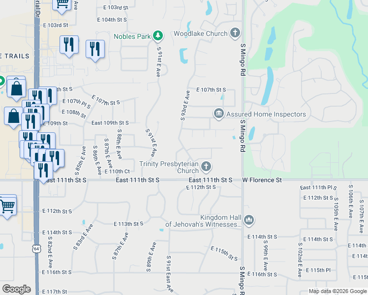 map of restaurants, bars, coffee shops, grocery stores, and more near 10851 South 94th East Avenue in Tulsa
