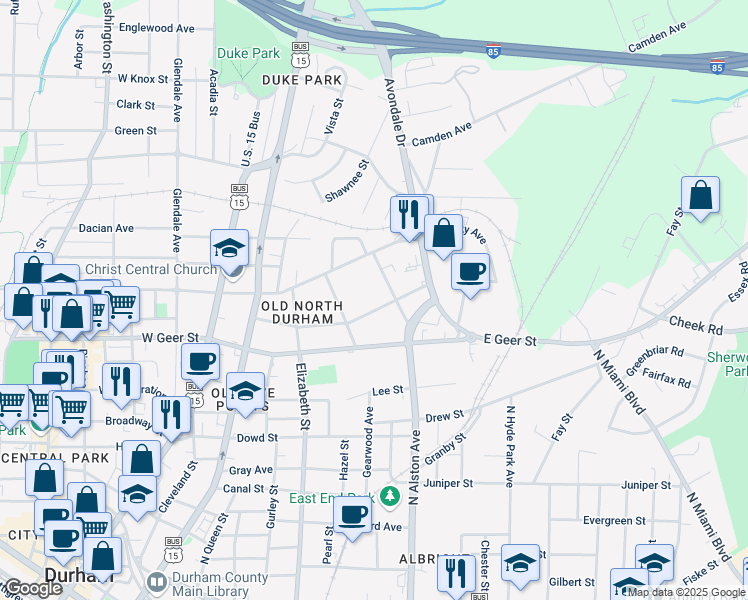 map of restaurants, bars, coffee shops, grocery stores, and more near 408 Edward Street in Durham