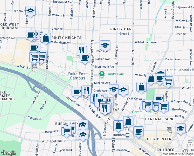 map of restaurants, bars, coffee shops, grocery stores, and more near 407 Watts Street in Durham