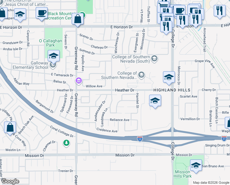 map of restaurants, bars, coffee shops, grocery stores, and more near 528 Calypso Drive in Henderson