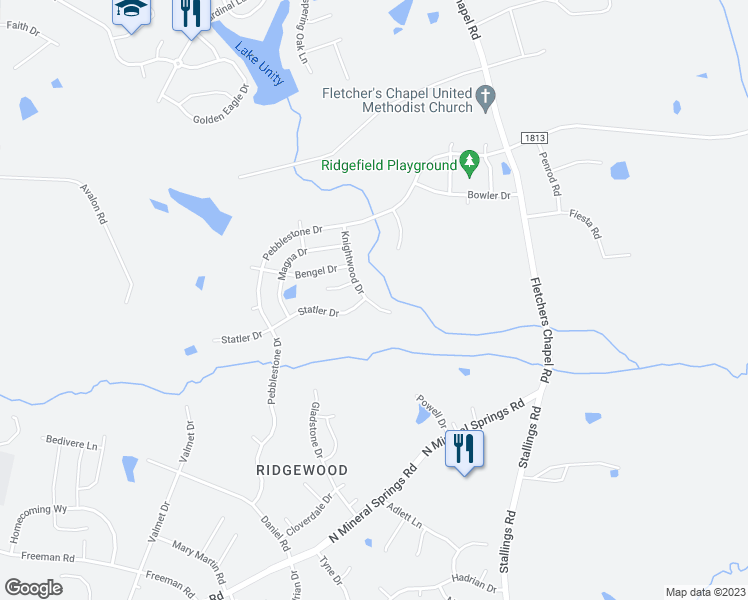 map of restaurants, bars, coffee shops, grocery stores, and more near 116 Knightwood Drive in Durham