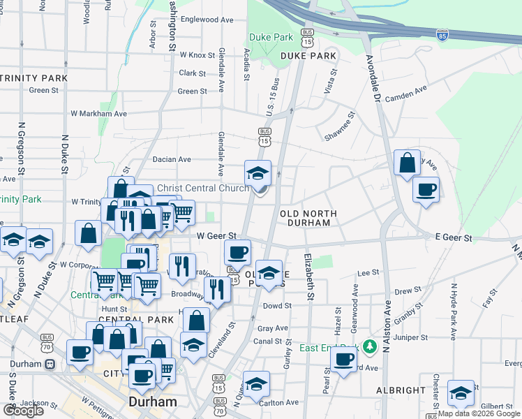 map of restaurants, bars, coffee shops, grocery stores, and more near 910 North Mangum Street in Durham