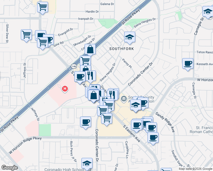 map of restaurants, bars, coffee shops, grocery stores, and more near 690 Dockery Place in Henderson