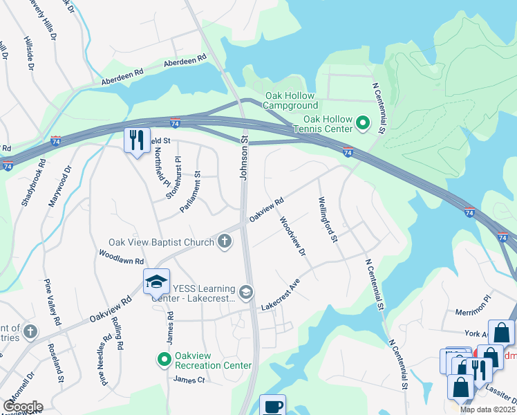 map of restaurants, bars, coffee shops, grocery stores, and more near 905 Oakview Road in High Point