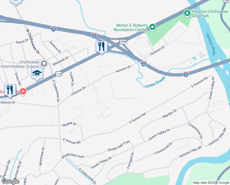 map of restaurants, bars, coffee shops, grocery stores, and more near 451 Bridge View Lane in Knoxville