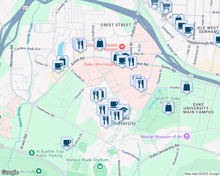 map of restaurants, bars, coffee shops, grocery stores, and more near 450 Research Drive in Durham