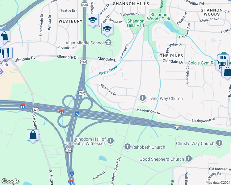 map of restaurants, bars, coffee shops, grocery stores, and more near 1028 Highstone Drive in Greensboro
