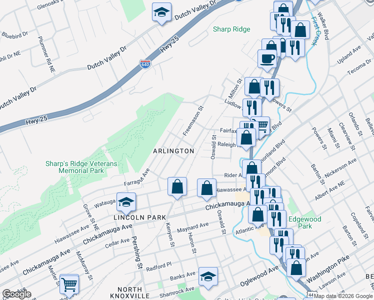 map of restaurants, bars, coffee shops, grocery stores, and more near 907 Westover Avenue in Knoxville