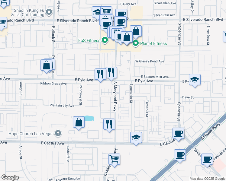 map of restaurants, bars, coffee shops, grocery stores, and more near 10164 Village Breeze Place in Las Vegas