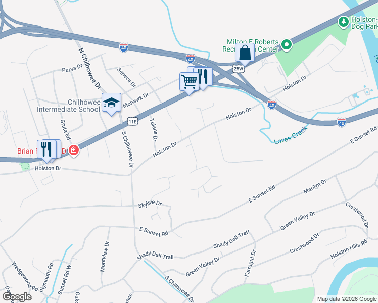 map of restaurants, bars, coffee shops, grocery stores, and more near 418 Overhill Road in Knoxville