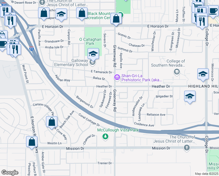 map of restaurants, bars, coffee shops, grocery stores, and more near 802 Fireweed Drive in Henderson