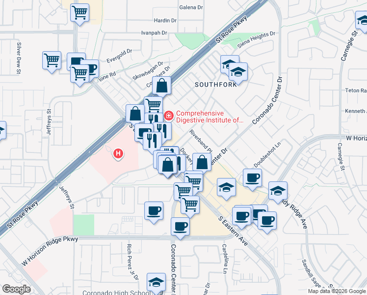 map of restaurants, bars, coffee shops, grocery stores, and more near 2745 Summerchase Lane in Henderson