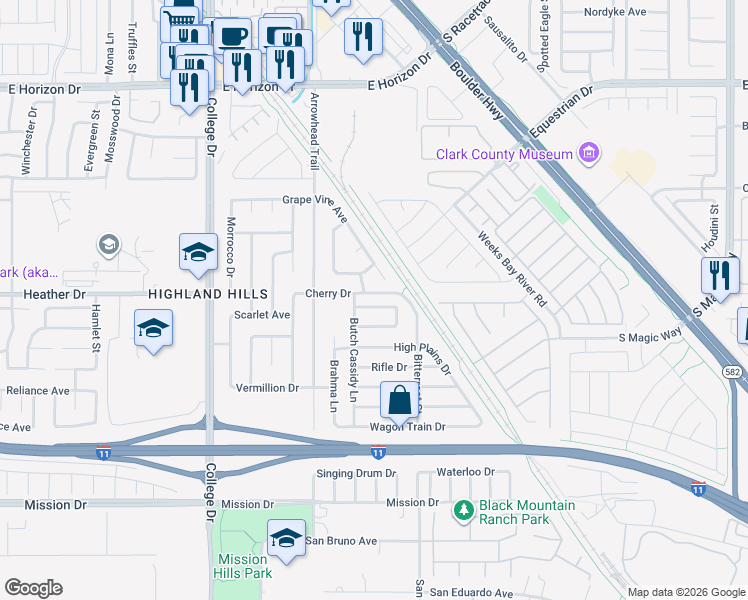 map of restaurants, bars, coffee shops, grocery stores, and more near 925 Chaps Circle in Henderson