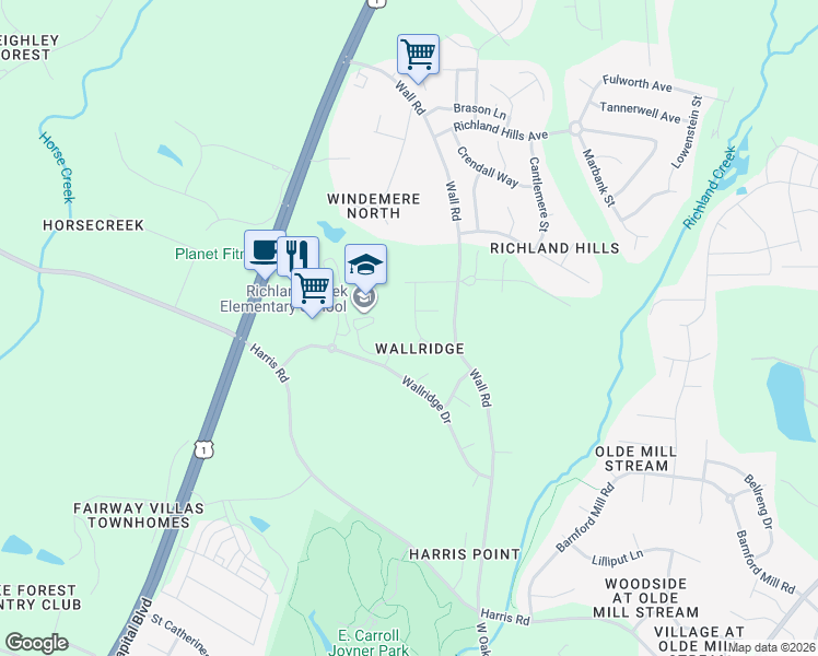 map of restaurants, bars, coffee shops, grocery stores, and more near 709 Comphrey Court in Wake Forest