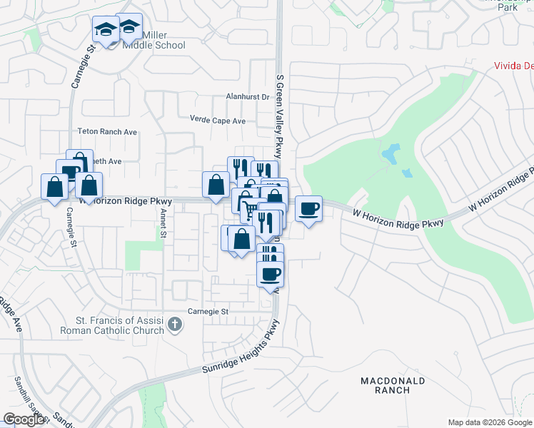 map of restaurants, bars, coffee shops, grocery stores, and more near 679 South Green Valley Parkway in Henderson