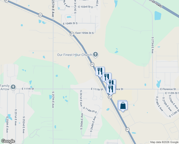 map of restaurants, bars, coffee shops, grocery stores, and more near 10912 S 264th E Ave in Coweta