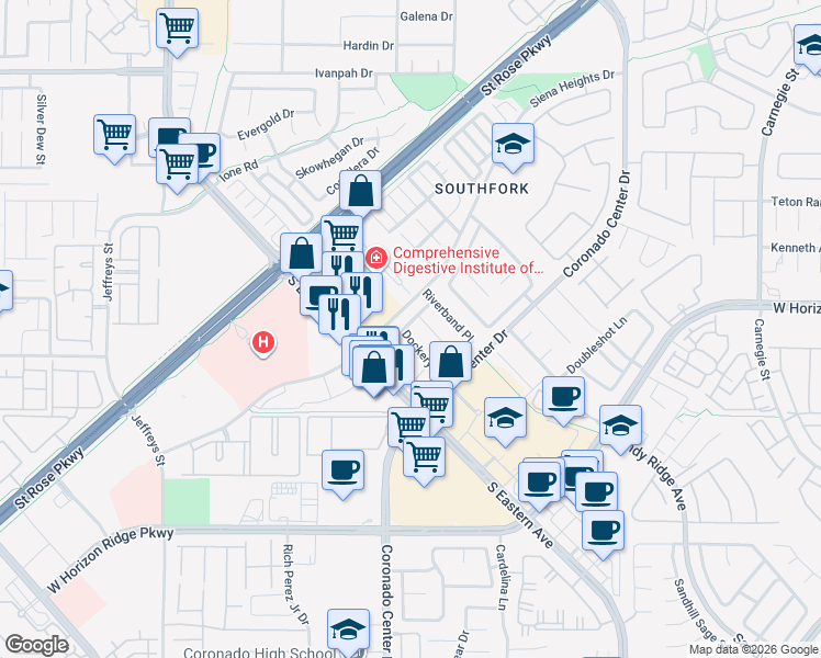 map of restaurants, bars, coffee shops, grocery stores, and more near 2745 Summerchase Lane in Henderson