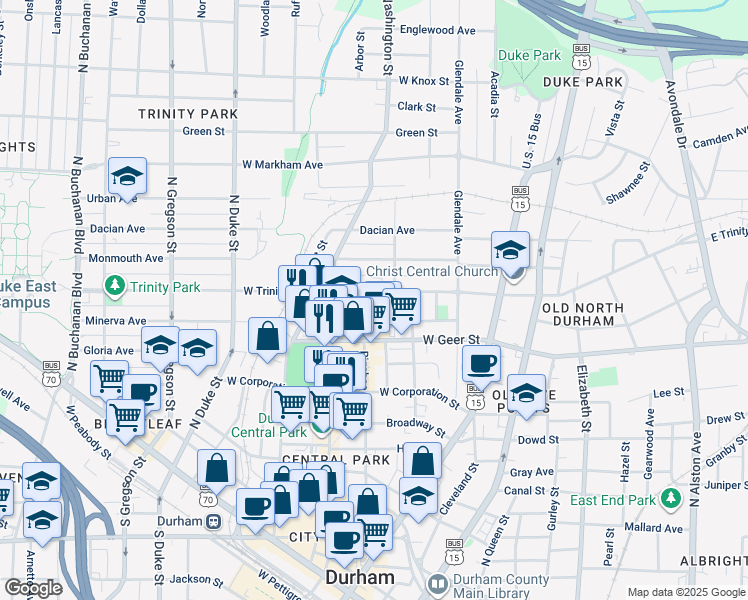map of restaurants, bars, coffee shops, grocery stores, and more near 310 West Geer Street in Durham