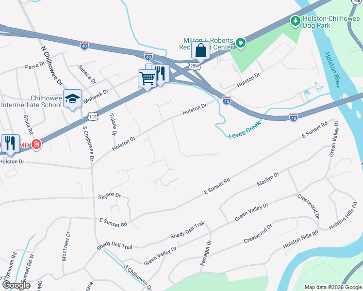 map of restaurants, bars, coffee shops, grocery stores, and more near 451 Bridge View Lane in Knoxville