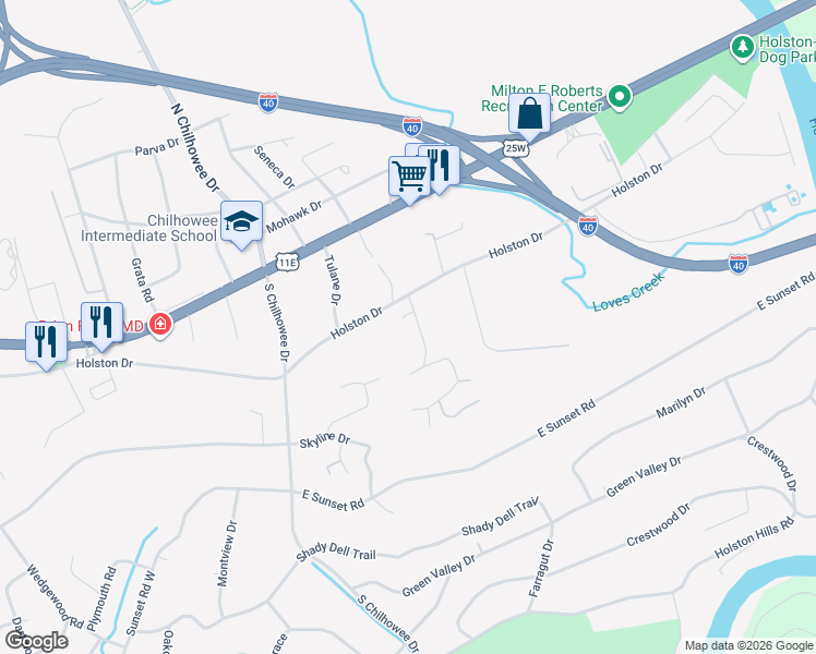 map of restaurants, bars, coffee shops, grocery stores, and more near 418 Overhill Road in Knoxville