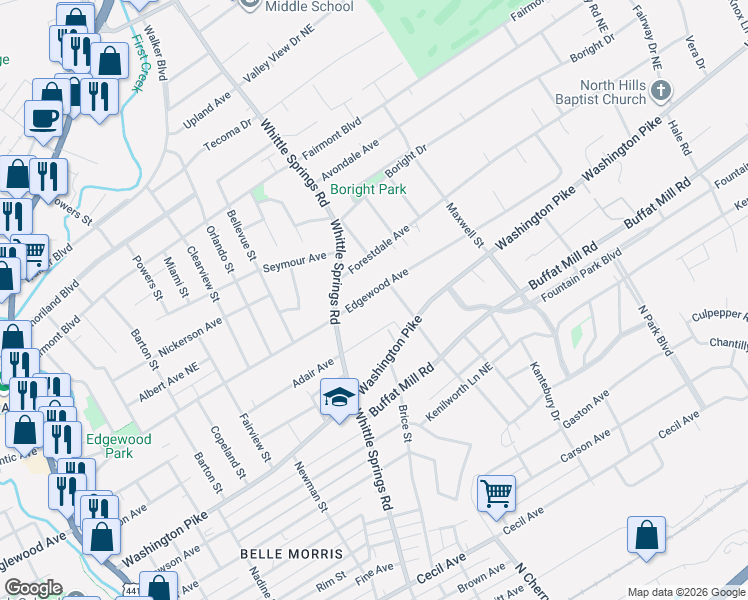 map of restaurants, bars, coffee shops, grocery stores, and more near 2515 Adair Avenue in Knoxville