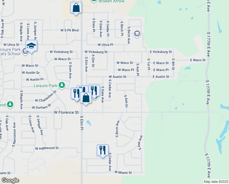 map of restaurants, bars, coffee shops, grocery stores, and more near 4617 South Cedar Avenue in Broken Arrow