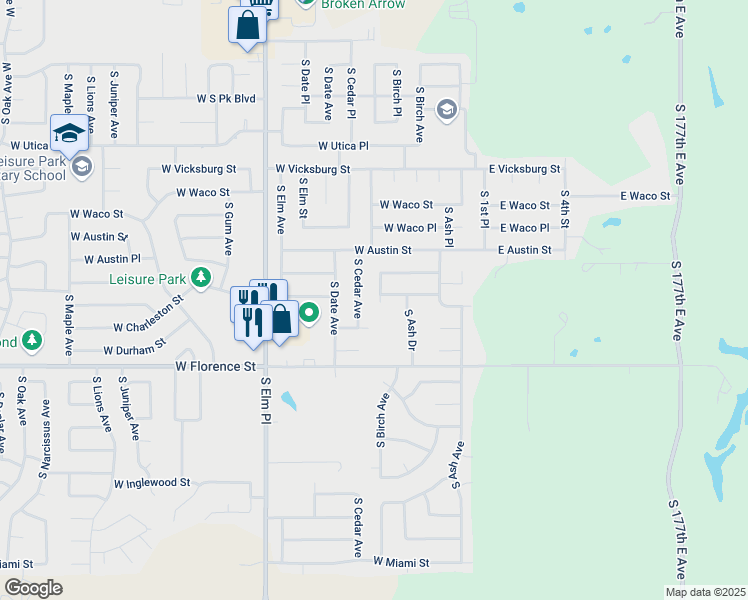 map of restaurants, bars, coffee shops, grocery stores, and more near 4617 South Cedar Avenue in Broken Arrow