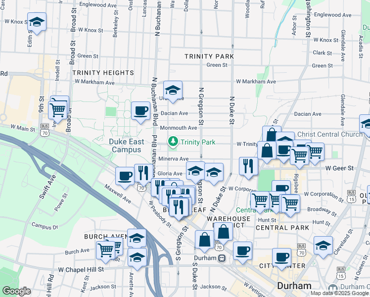 map of restaurants, bars, coffee shops, grocery stores, and more near 1017 West Trinity Avenue in Durham