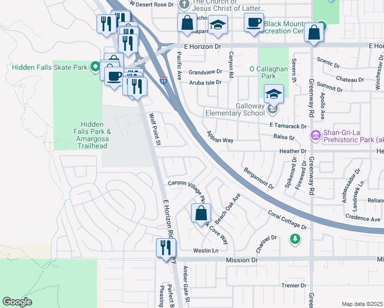 map of restaurants, bars, coffee shops, grocery stores, and more near 128 Rancho Maderas Way in Henderson