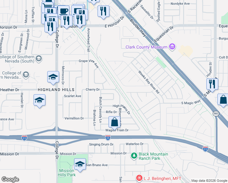 map of restaurants, bars, coffee shops, grocery stores, and more near 925 Chaps Circle in Henderson
