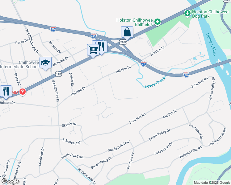 map of restaurants, bars, coffee shops, grocery stores, and more near 451 Bridge View Lane in Knoxville