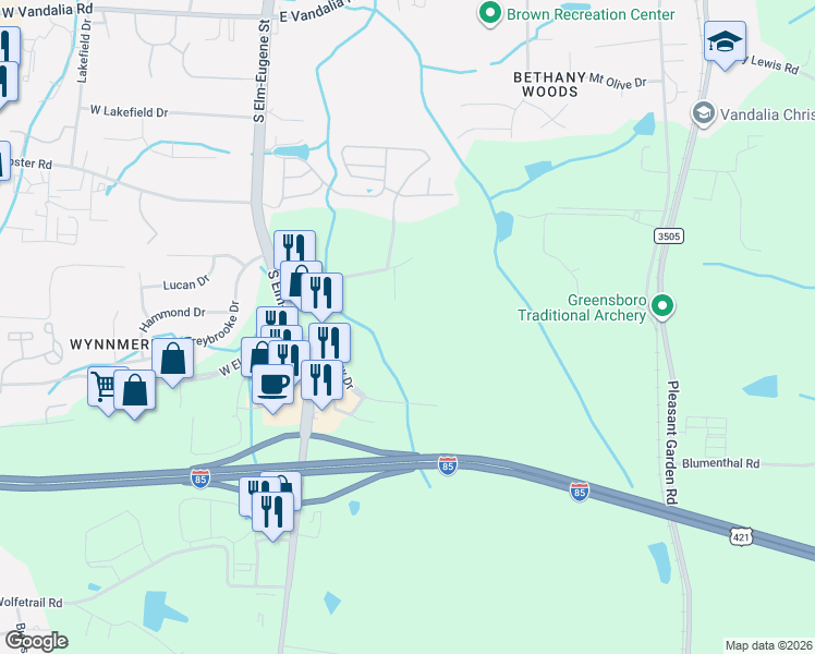 map of restaurants, bars, coffee shops, grocery stores, and more near 138 Vivian Lane in Greensboro