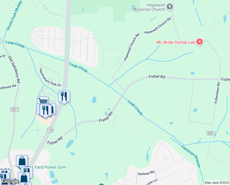 map of restaurants, bars, coffee shops, grocery stores, and more near 401 Fishel Road in Winston-Salem