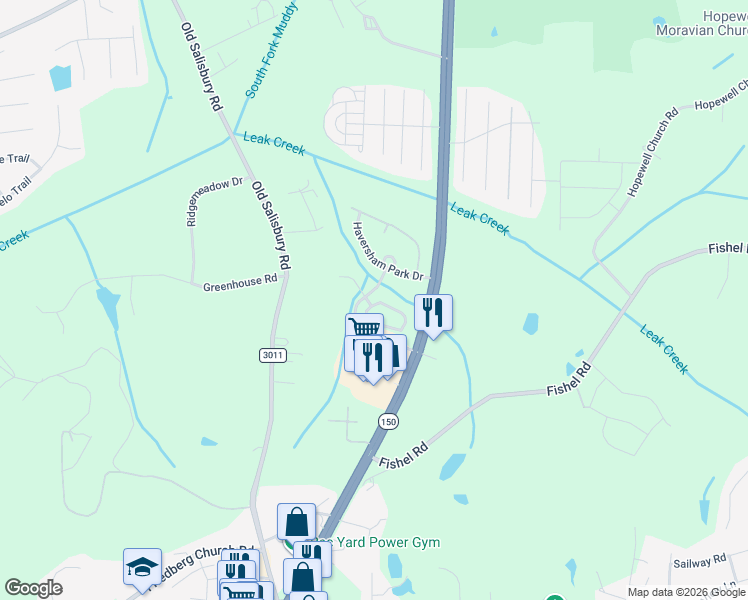 map of restaurants, bars, coffee shops, grocery stores, and more near 1644 Haversham Park Drive in Winston-Salem
