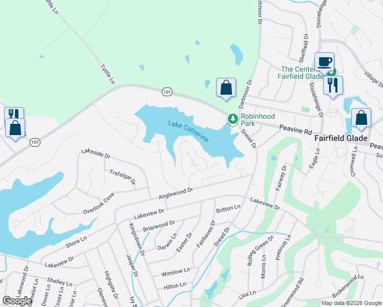 map of restaurants, bars, coffee shops, grocery stores, and more near 339 Lake Catherine Circle in Crossville